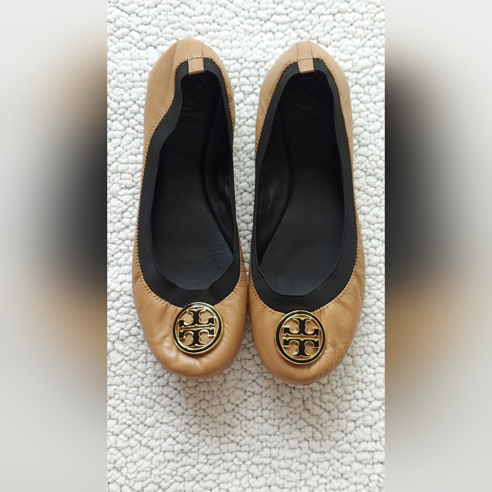 Tory Burch Camel Leather Logo Ballet Flats with Gold Emblem